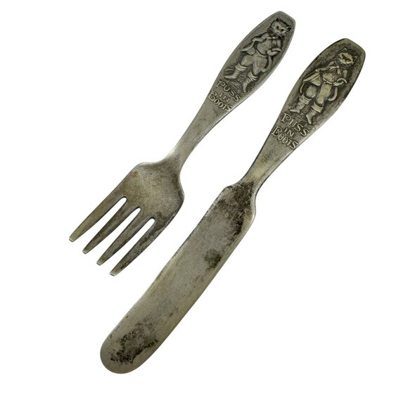 Puss N Boots Childs Fork and Knife Regal Silver Co Silverplate Baby Set Vintage - Picture 1 of 7